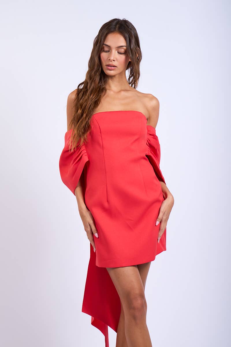 OFF-SHOULDER BACK CHARMING RIBBON POINT MINI DRESS