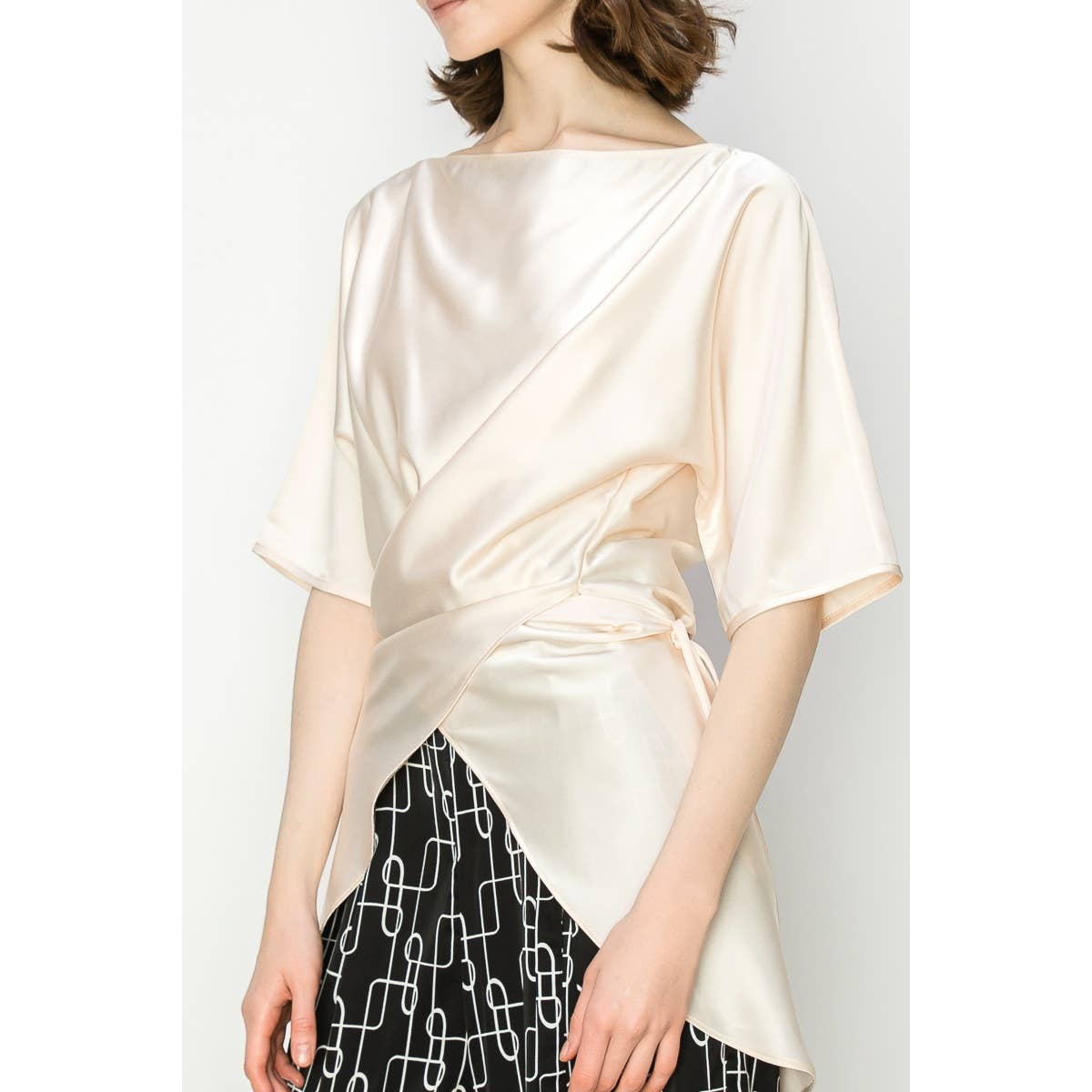 Satin Short Sleeve Side WrapTie Blouse