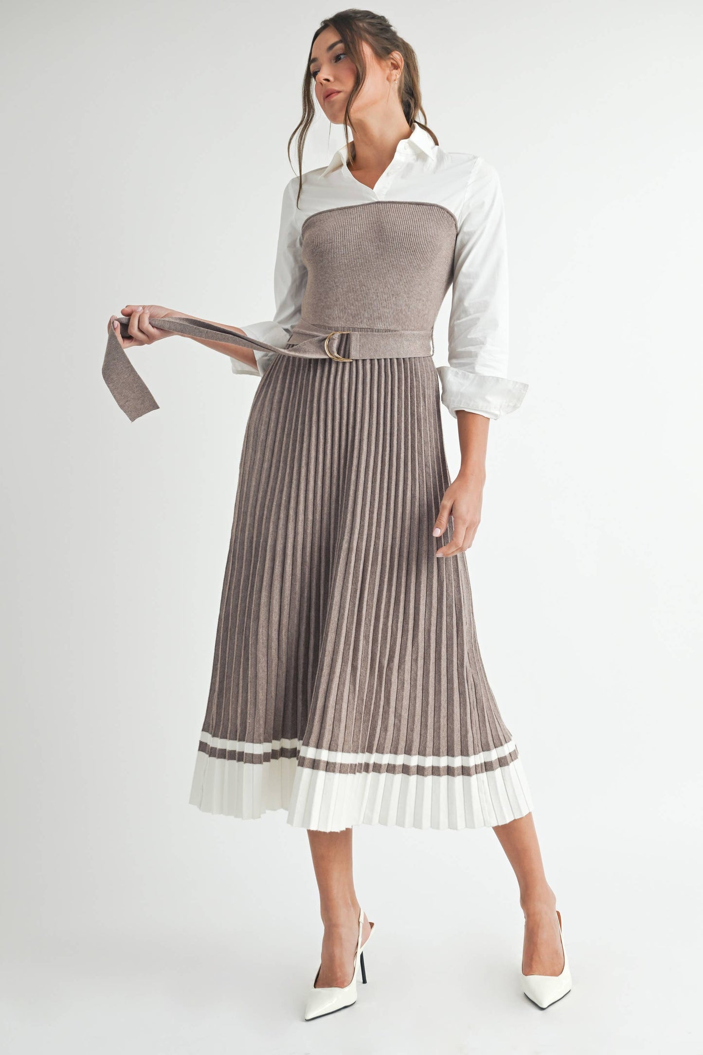 Endless Blu - Pleated Sweater Shirt Midi Dress