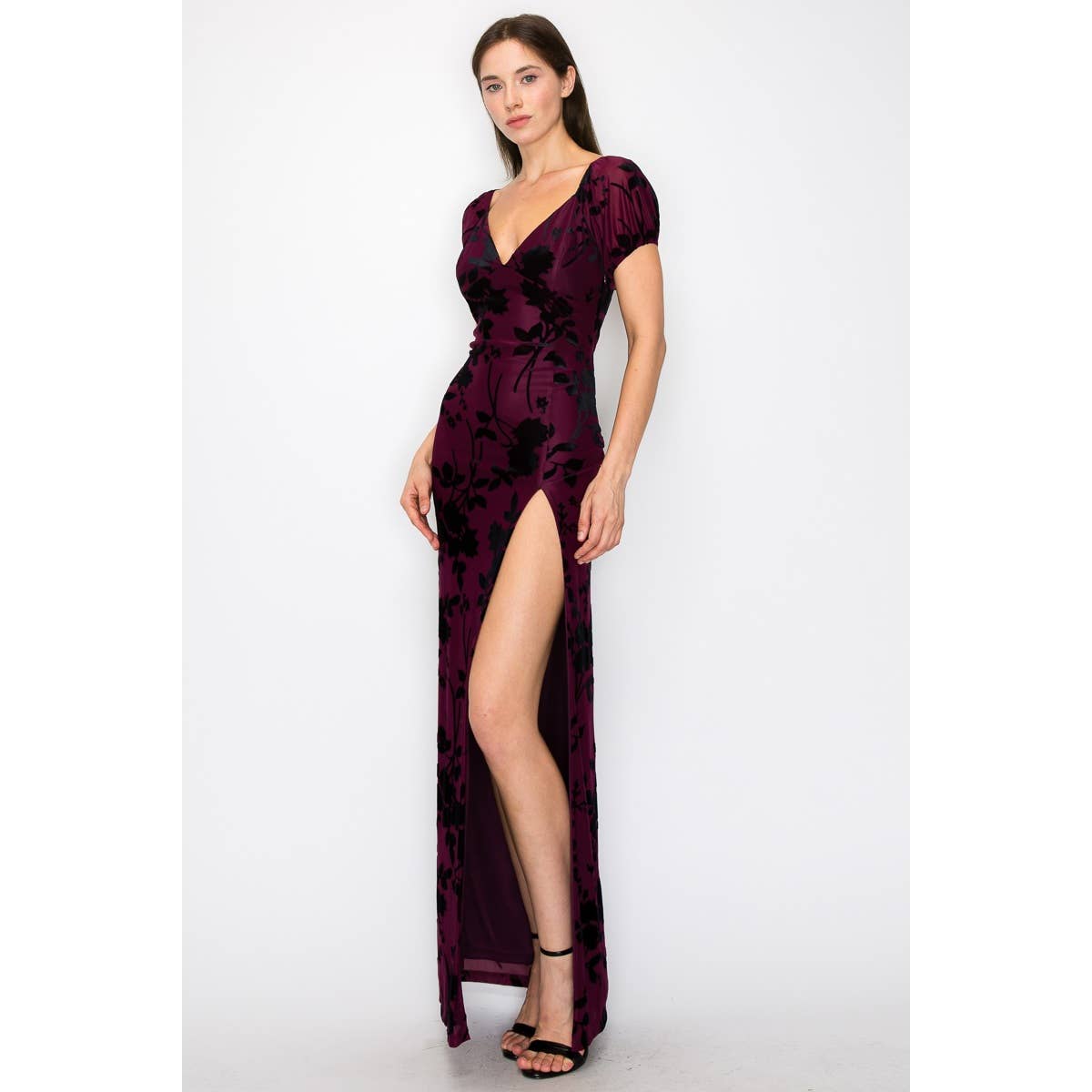 INA - Burn out velvet floral print high slit maxi dress