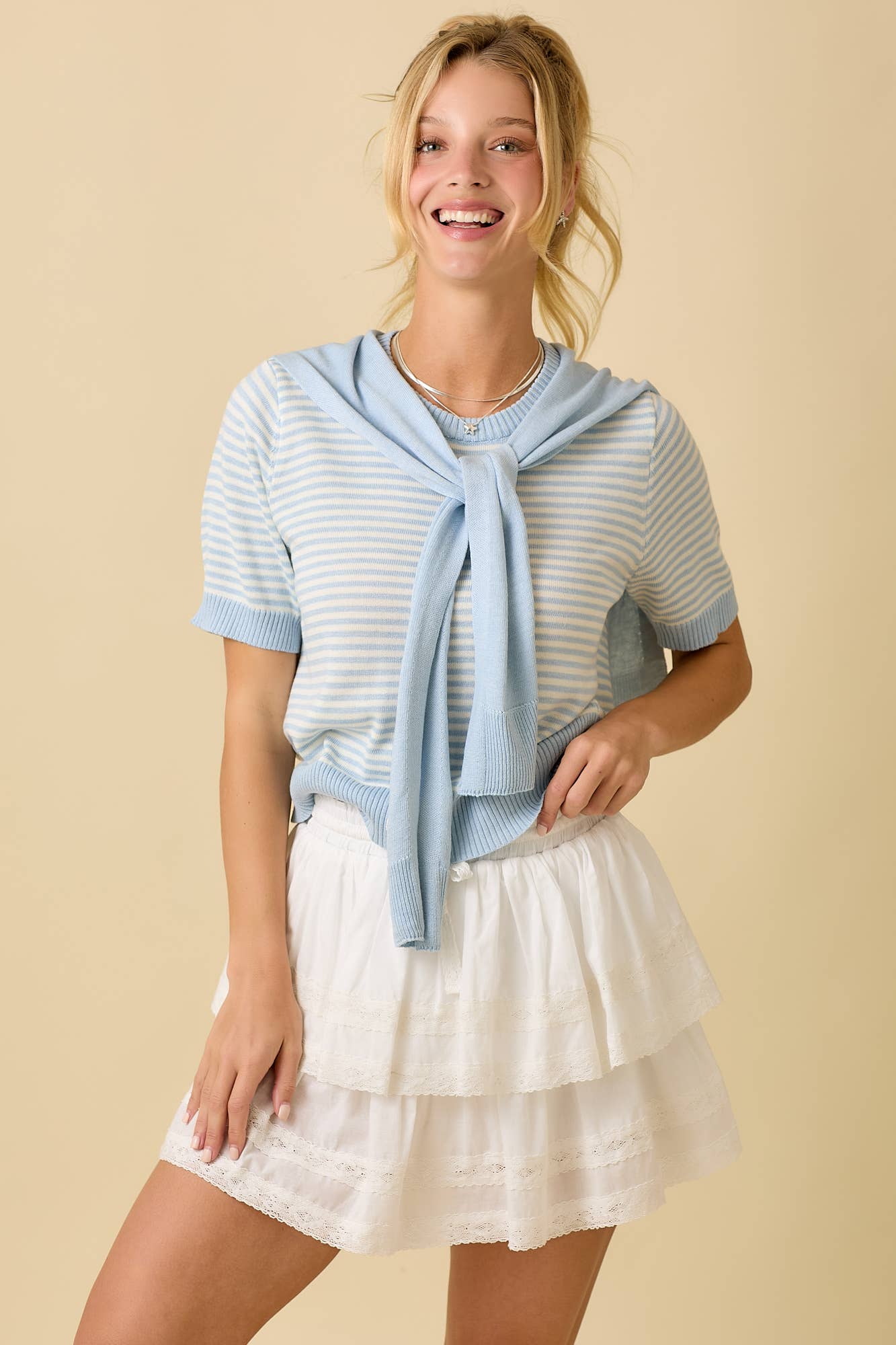 Main Strip - Sweater Shawl Wrap Set With Stripe Knit Top