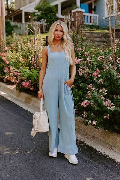 So Me Thermal Waffle Wide Leg Blue Overalls
