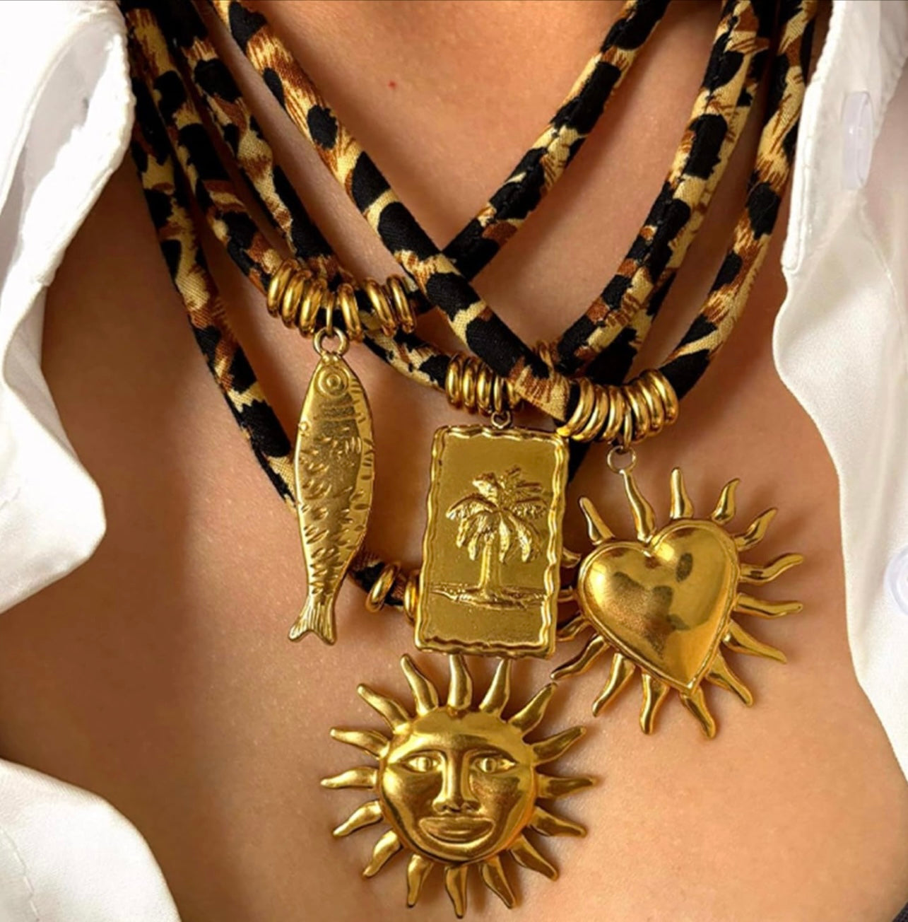 Tropical Gold Pendant Leopard-Print Cord Necklaces