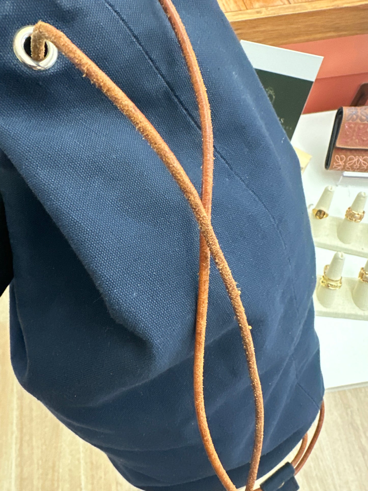 Hermès Polochon backpack in navy blue canvas and natural leather