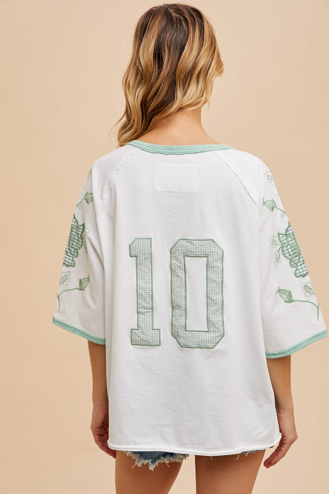 COTTON EMBROIDERED APPLIQUE RINGER TEE