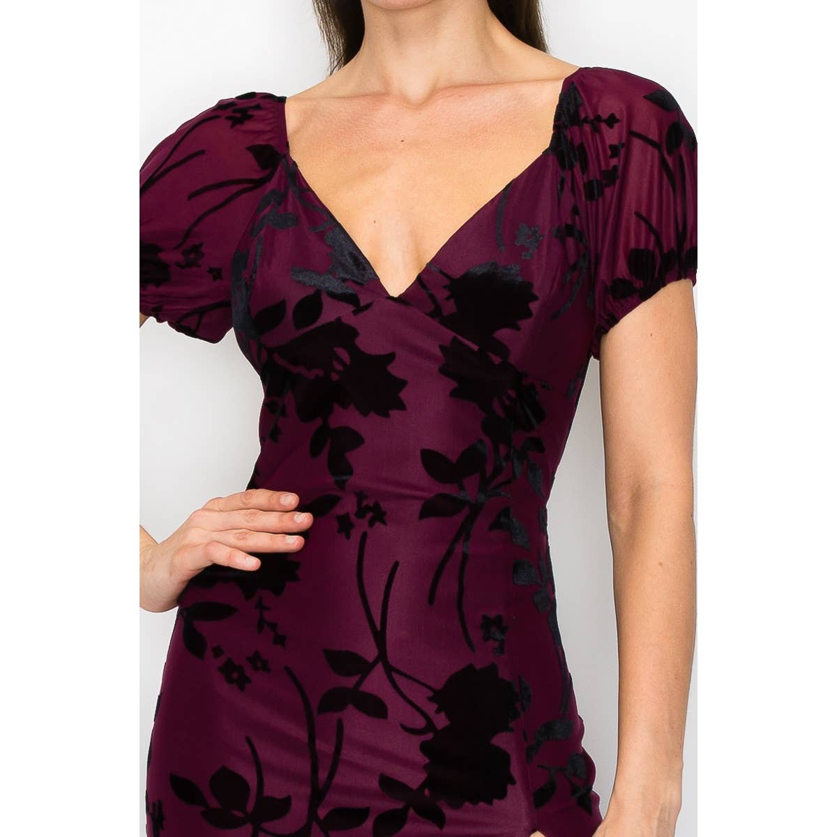INA - Burn out velvet floral print high slit maxi dress