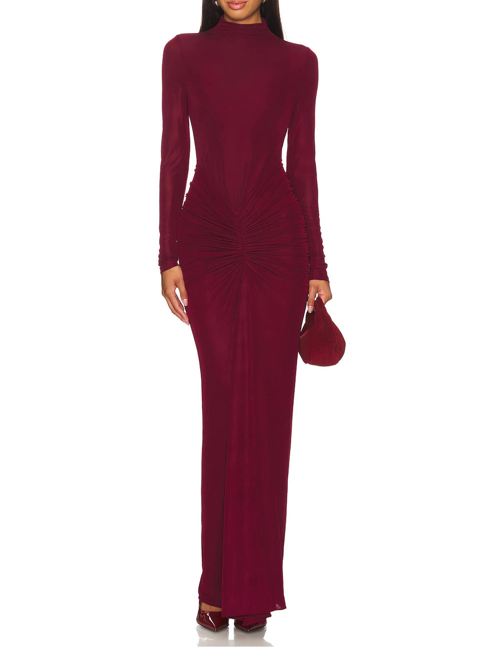 BLACK HIGH-NECK LONG SLEEVE KNOT MAXI DRESS