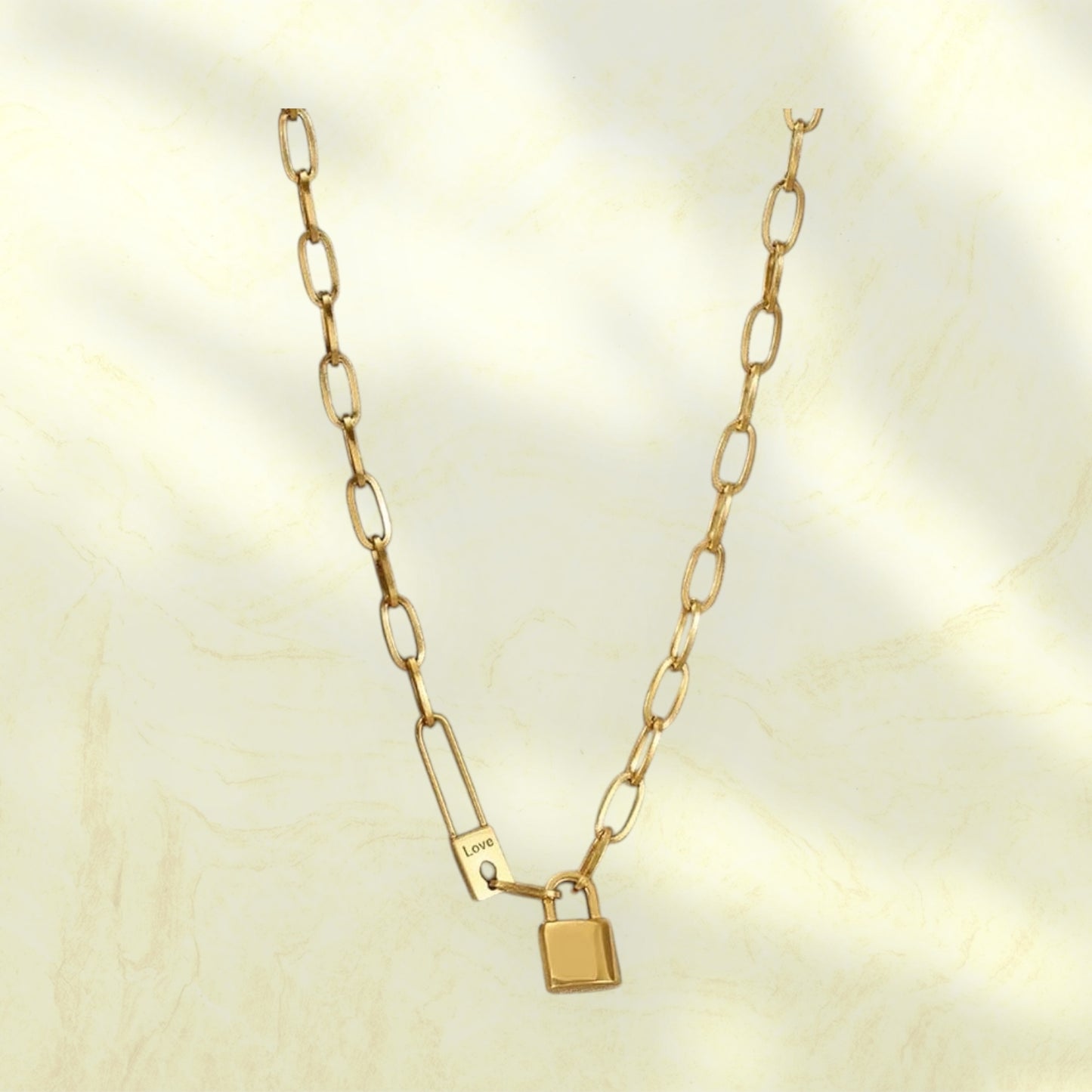Gold Stainless Steel Paperclip Chain Necklace with Lock Pendant – “Love” Engraving – Adjustable Clavicle Choker