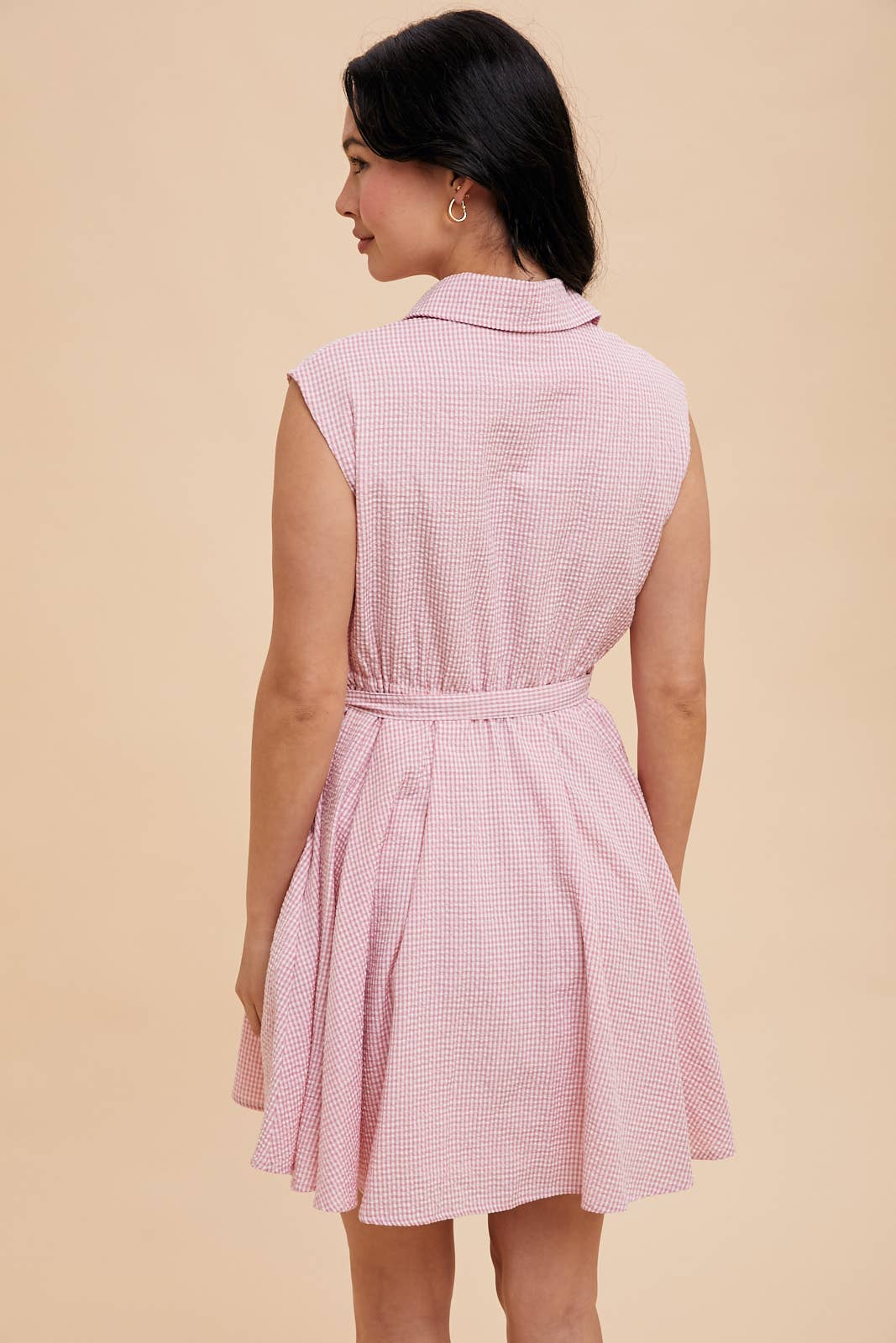 SEERSUCKER SLEEVELESS LAPEL MINI DRESS