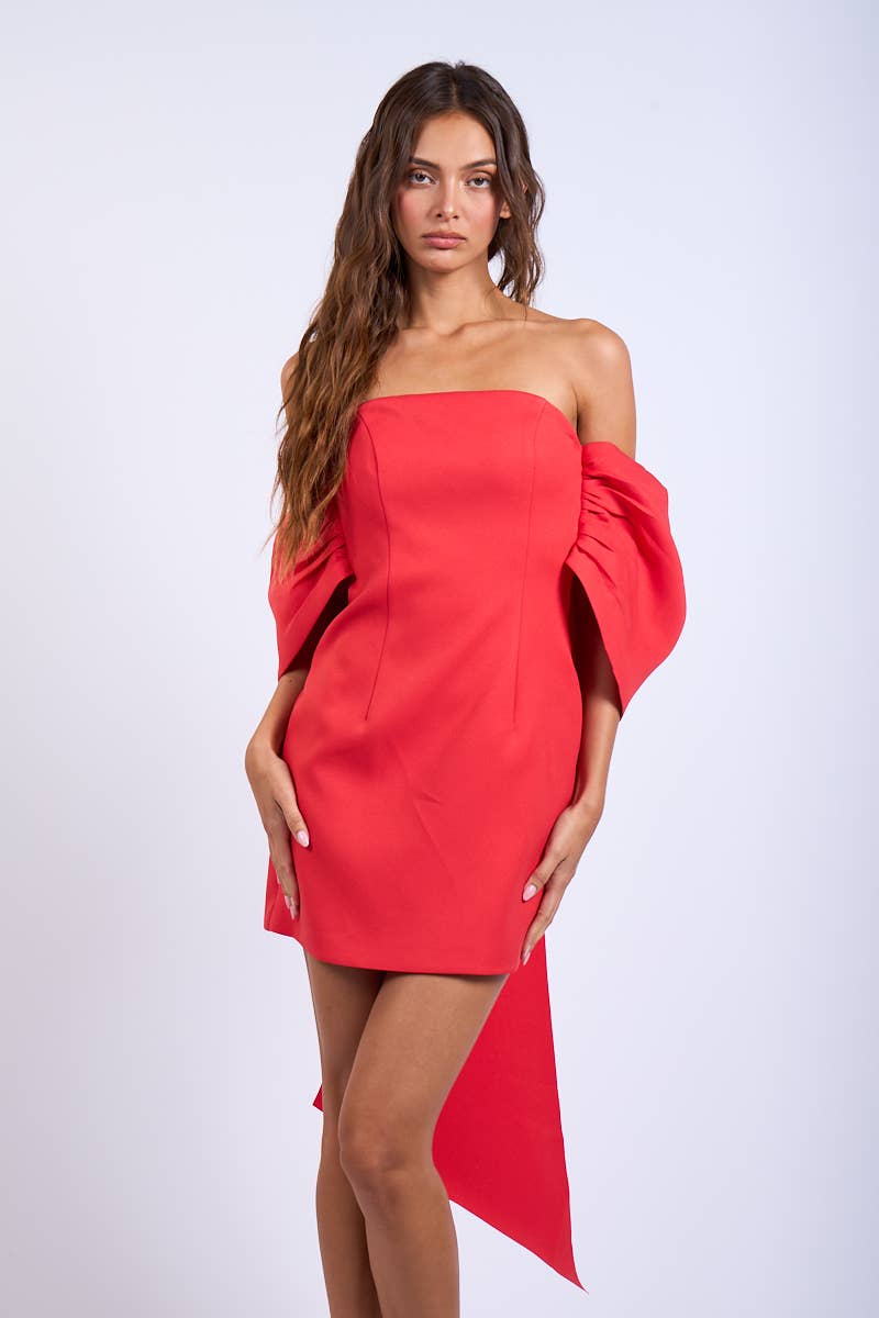 OFF-SHOULDER BACK CHARMING RIBBON POINT MINI DRESS