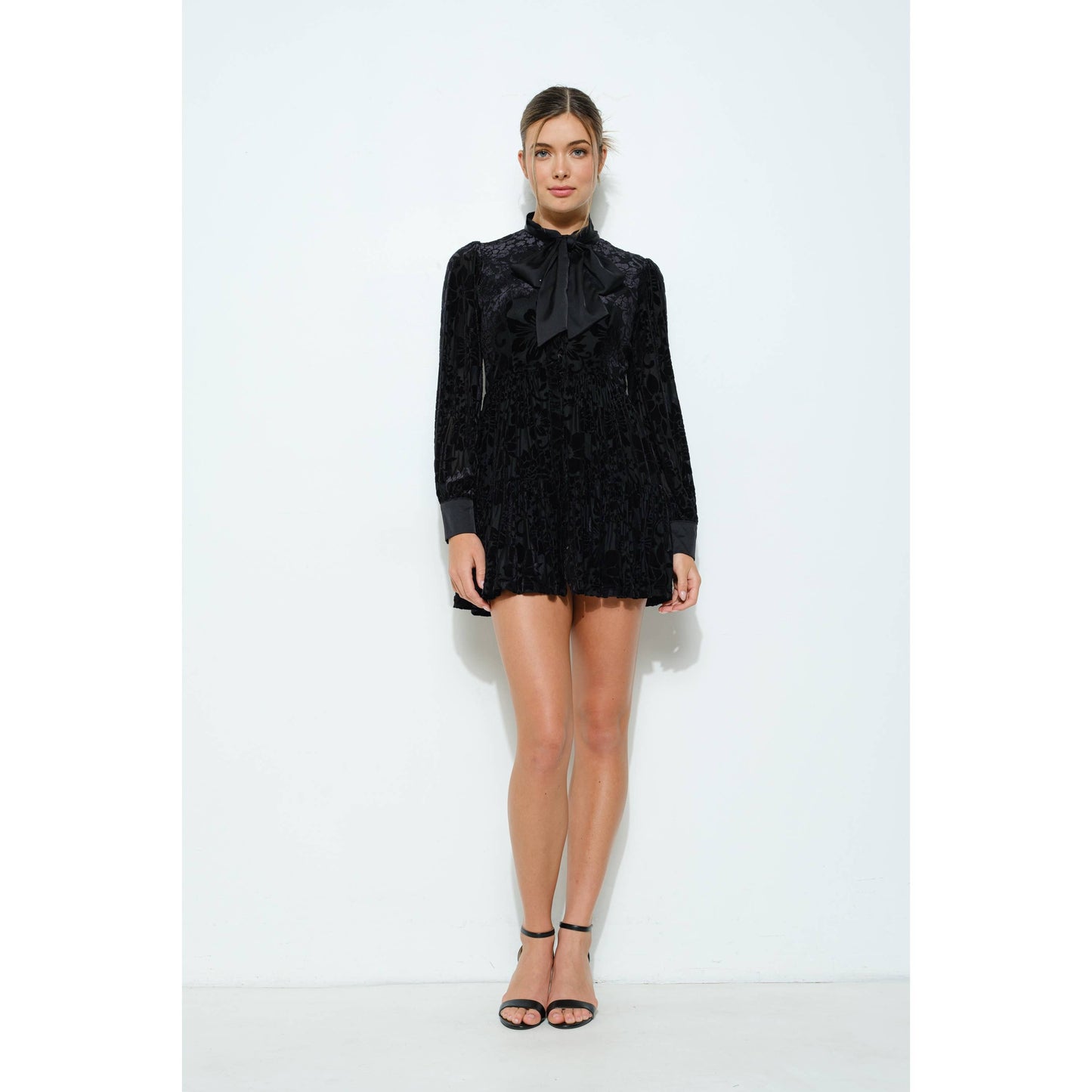 INA - Velvet Flower Burnout Satin Tie Mini Dress