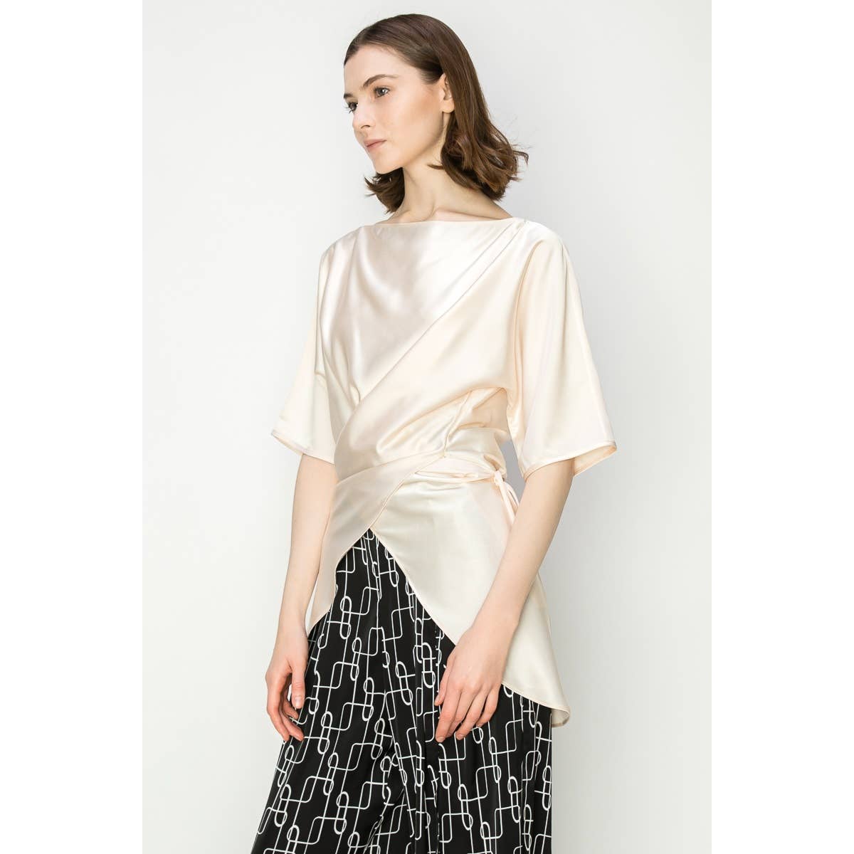 Satin Short Sleeve Side WrapTie Blouse