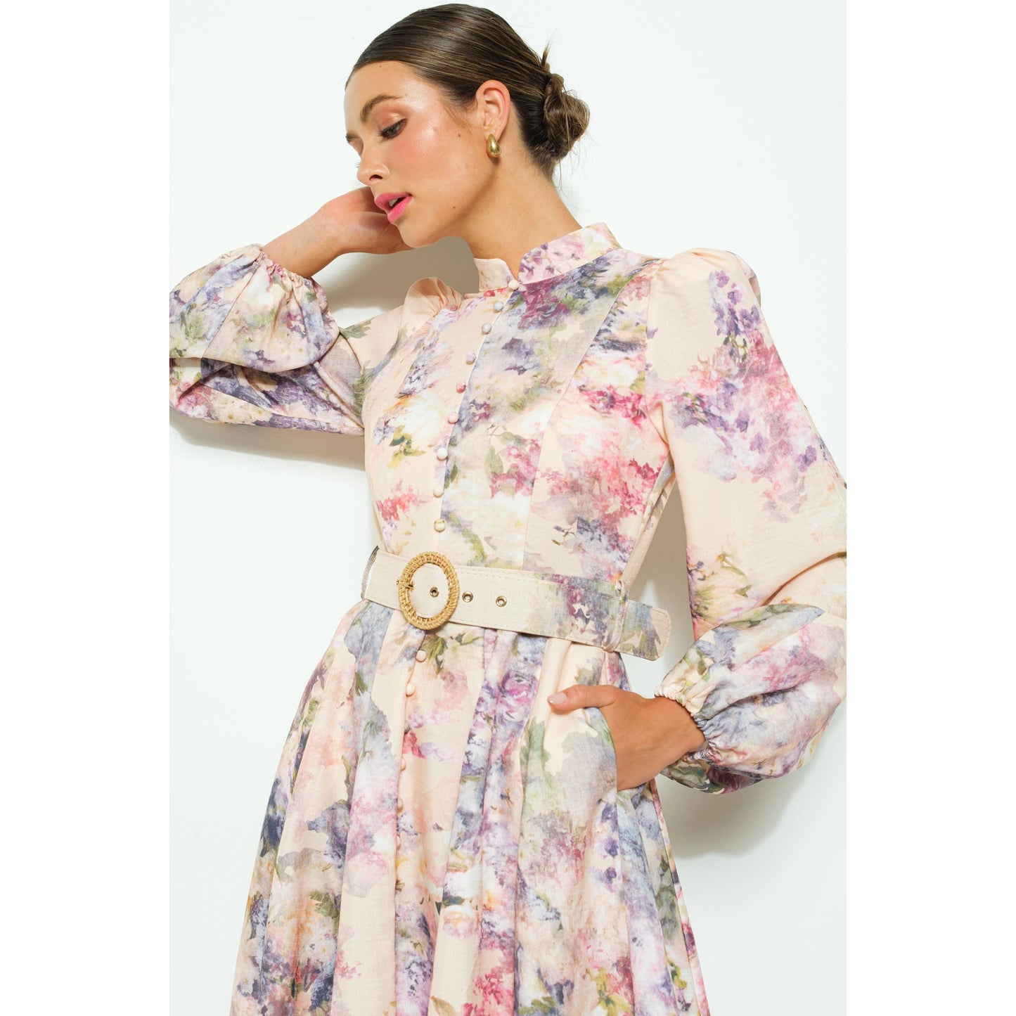 Long Sleeves Floral Print Belted-Waist Midi Dressy