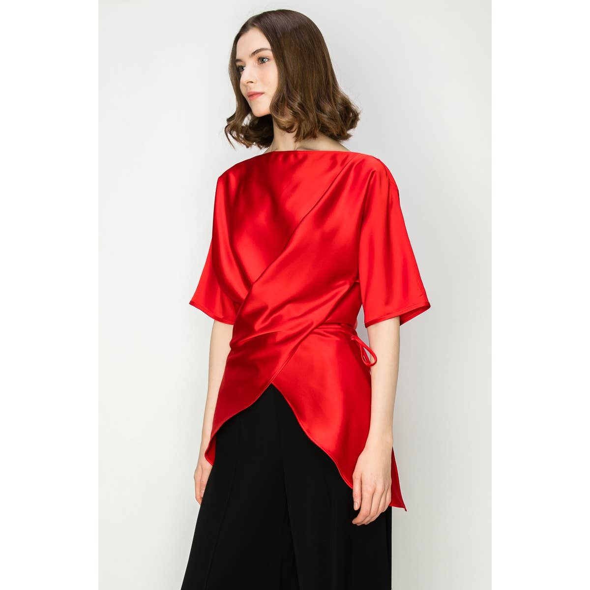 Satin Short Sleeve Side WrapTie Blouse