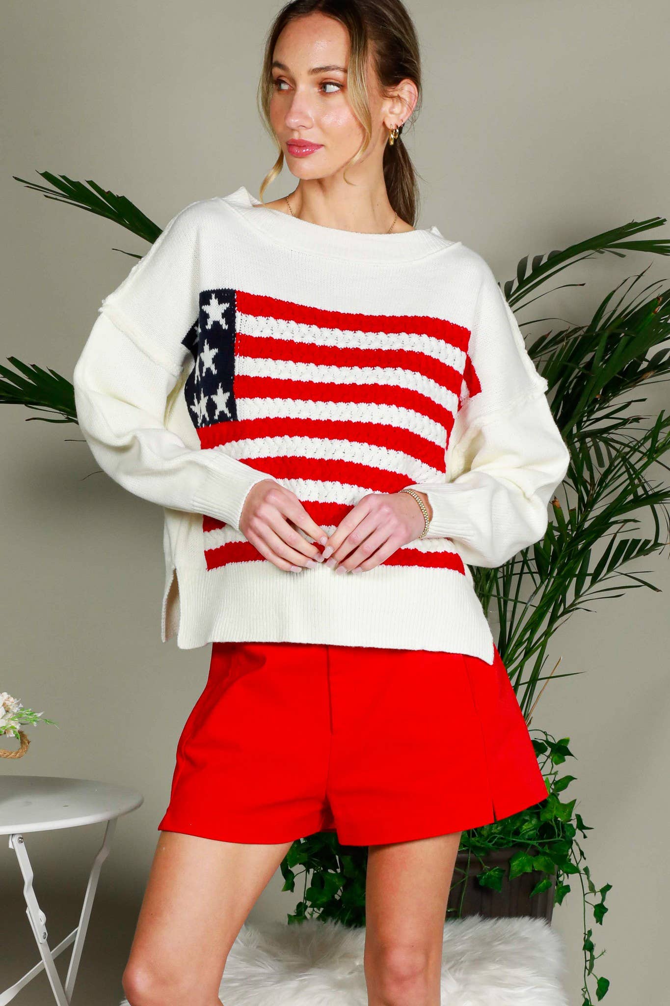 USA Flag Boat Neck Knit Sweater Top VT82059