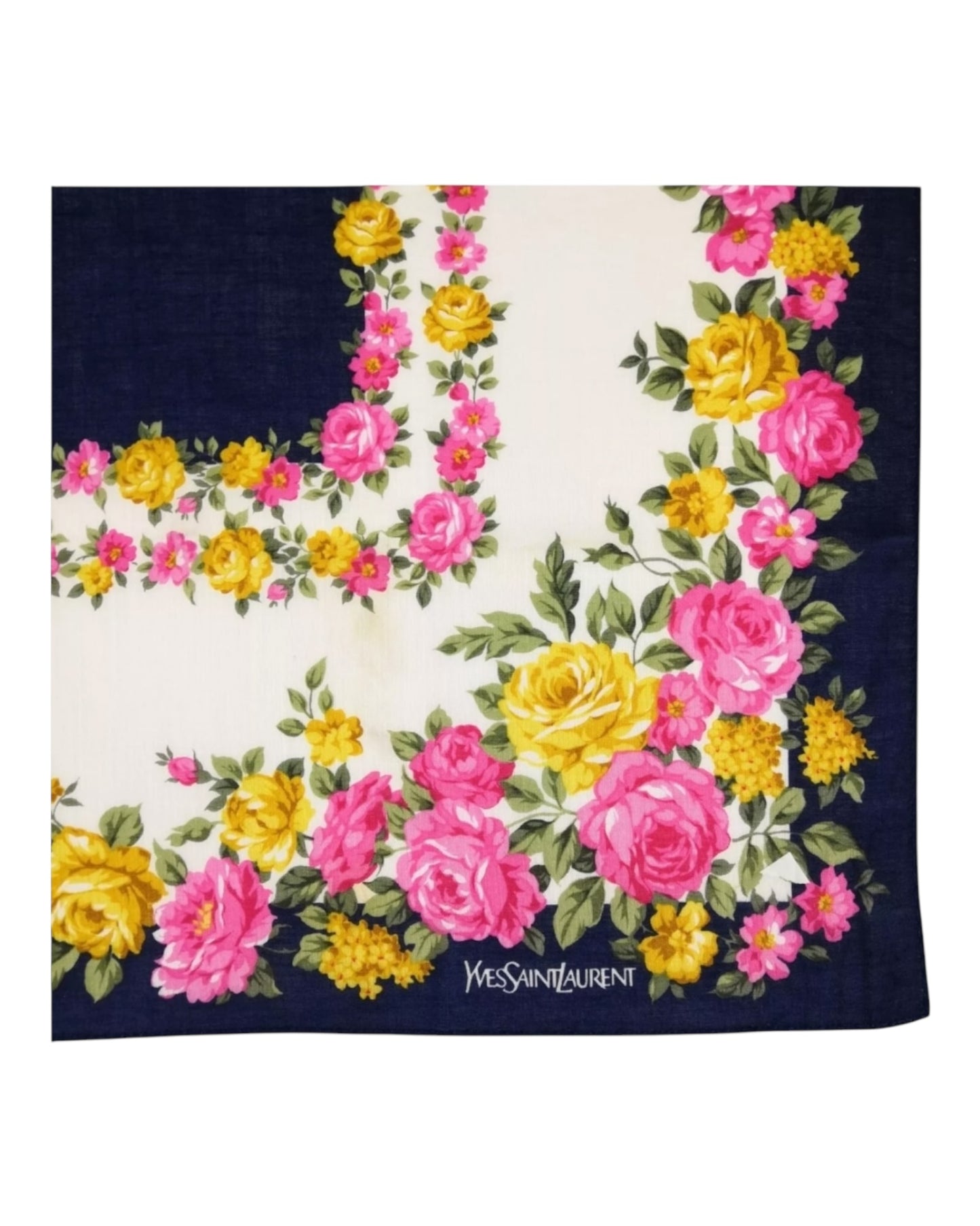 Vintage Yves Saint Laurent Floral Bandana Scarf – 19x19” Silk Handkerchief Navy Pink Yellow