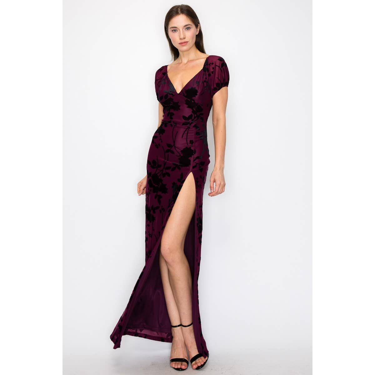 INA - Burn out velvet floral print high slit maxi dress