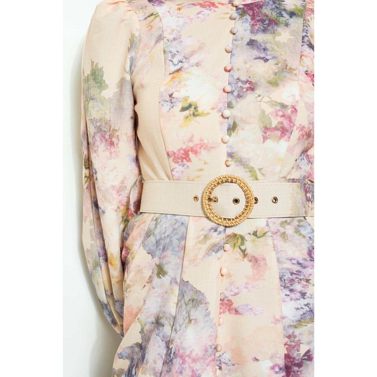 Long Sleeves Floral Print Belted-Waist Midi Dressy