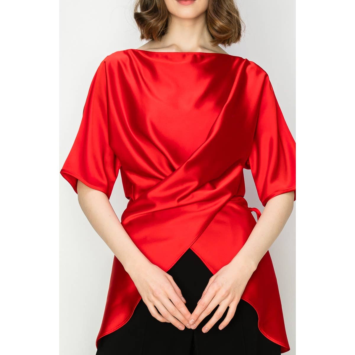 Satin Short Sleeve Side WrapTie Blouse