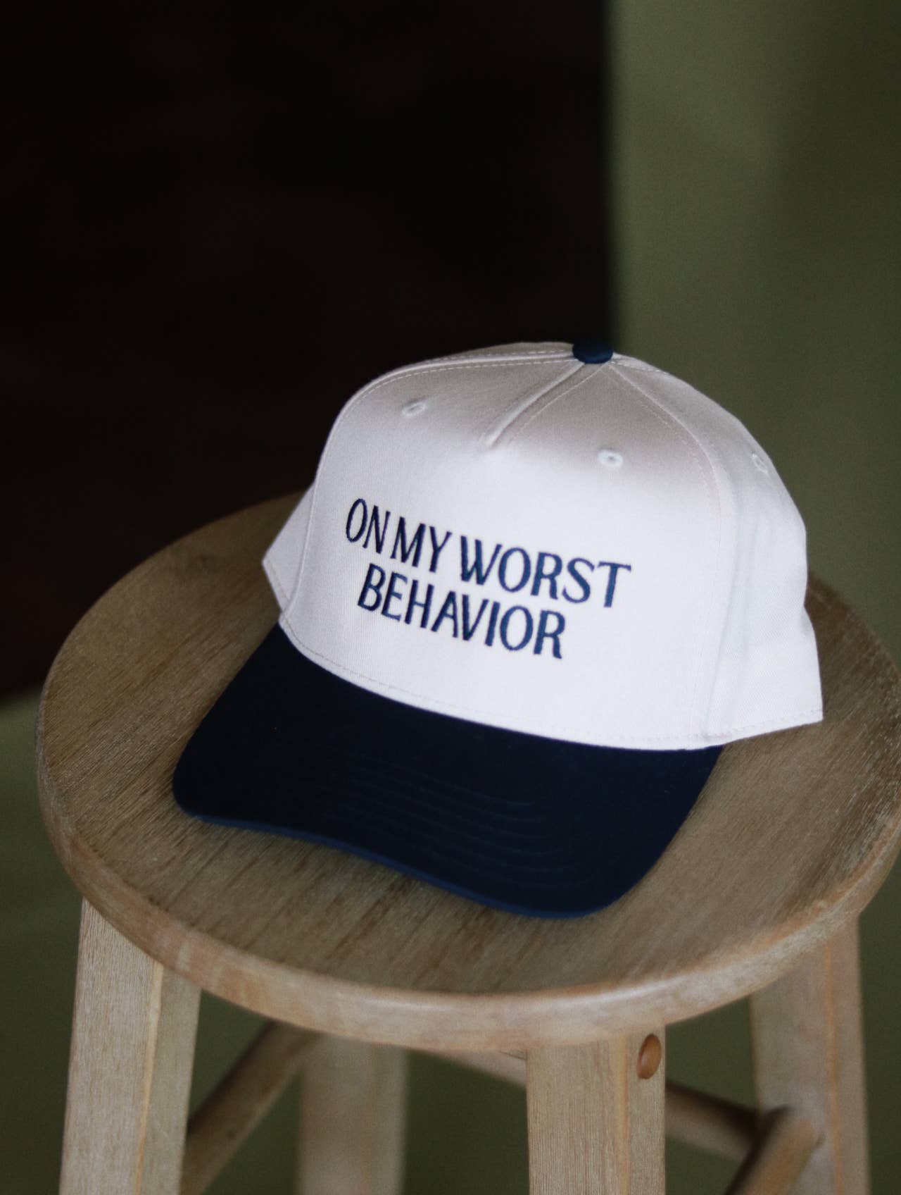 Electric Label On My Worst Behavior Hat Navy and Cream