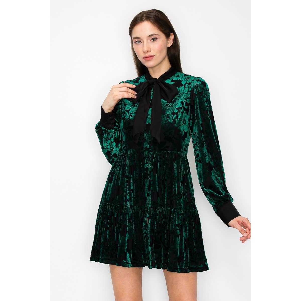 INA - Velvet Flower Burnout Satin Tie Mini Dress
