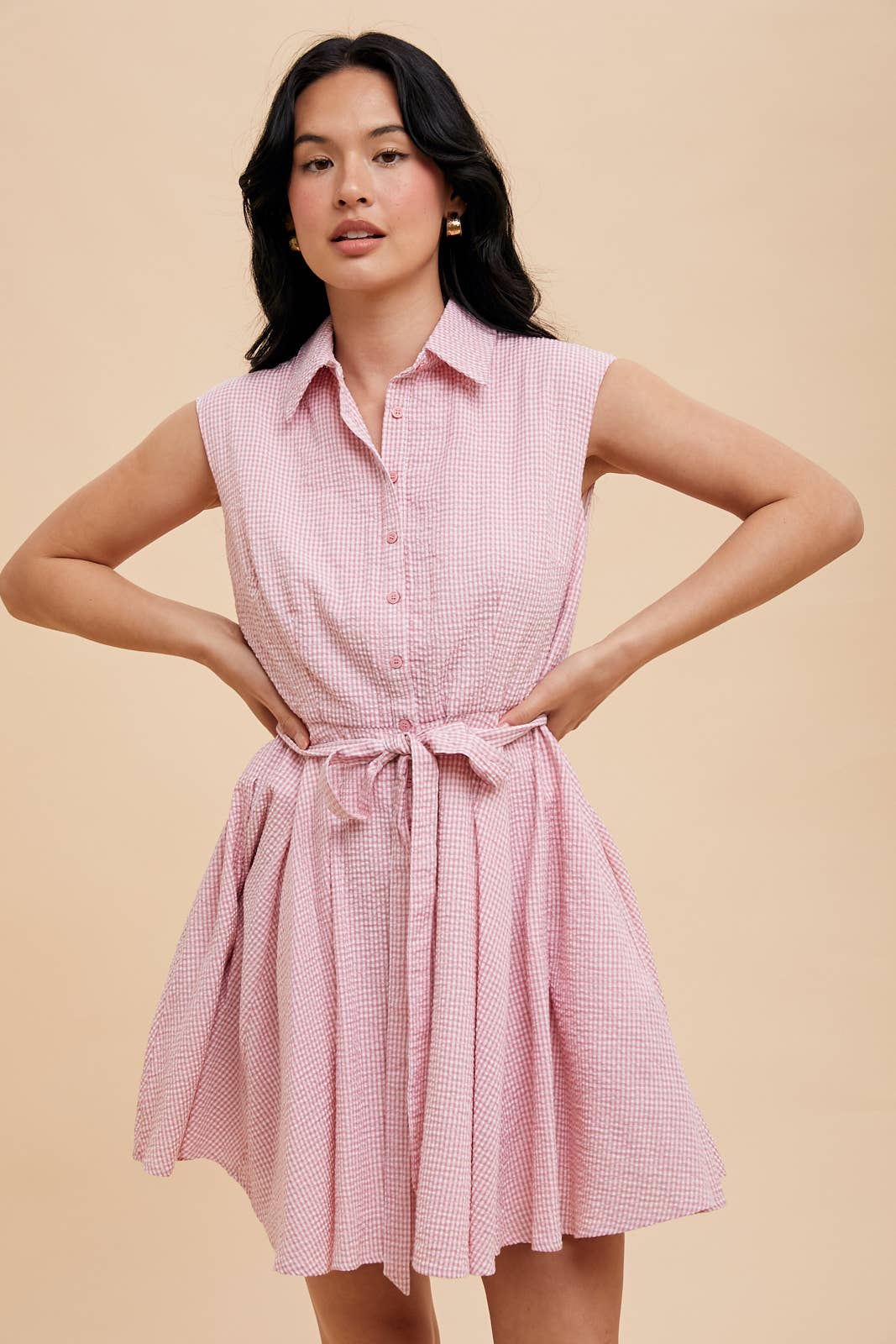 SEERSUCKER SLEEVELESS LAPEL MINI DRESS