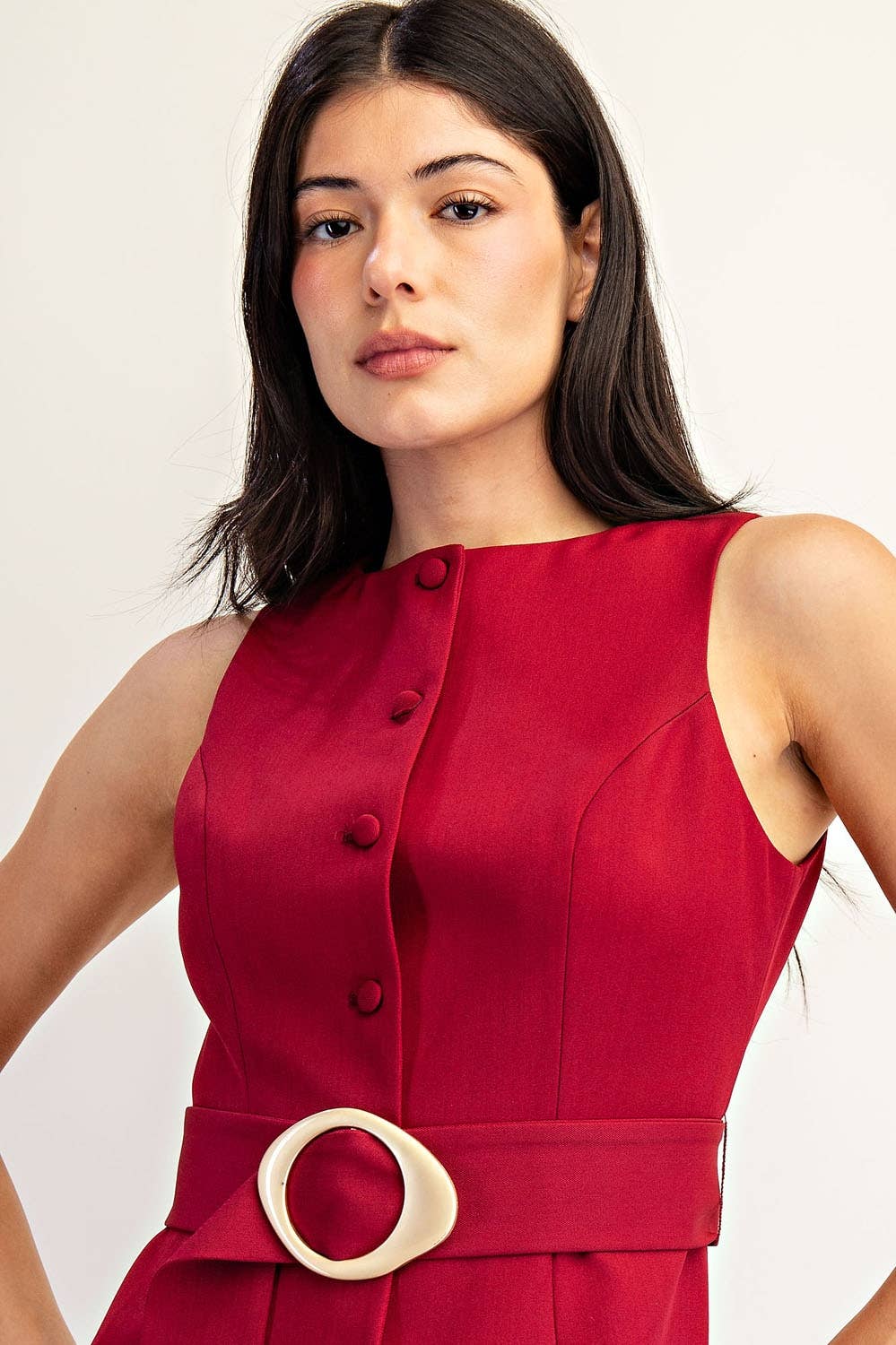 Sleeveless Belted Button Detail Woven Vest