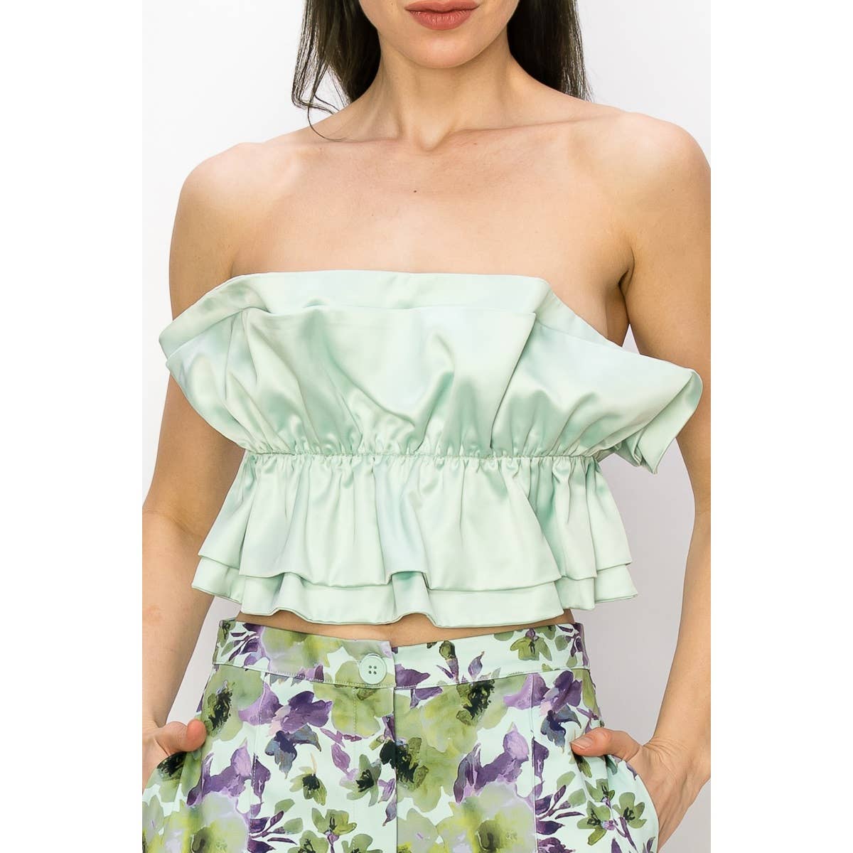 Satin two layers big ruffles strapless top