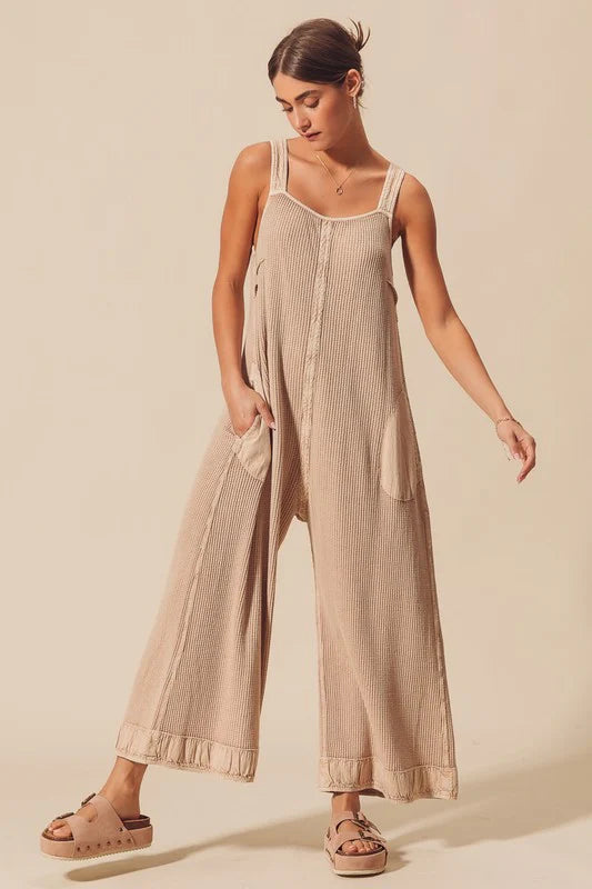 So Me Thermal Waffle Wide Leg Tan Overalls