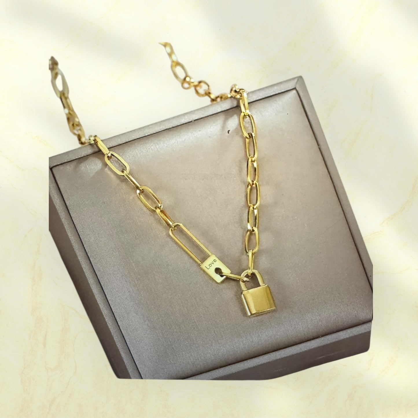 Gold Stainless Steel Paperclip Chain Necklace with Lock Pendant – “Love” Engraving – Adjustable Clavicle Choker