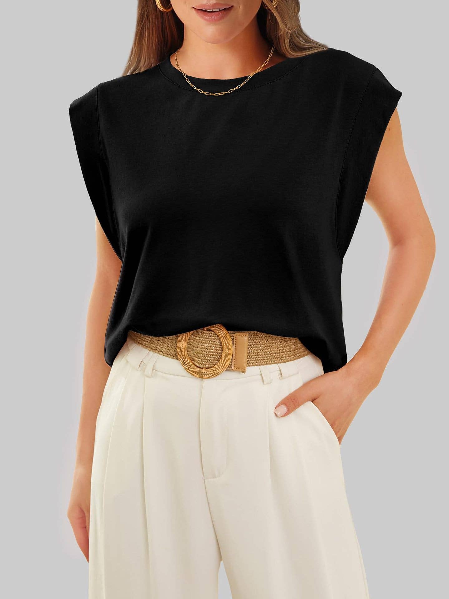 Rosa Clothing - Round neck cap sleeve cami base tank top loose basic vest