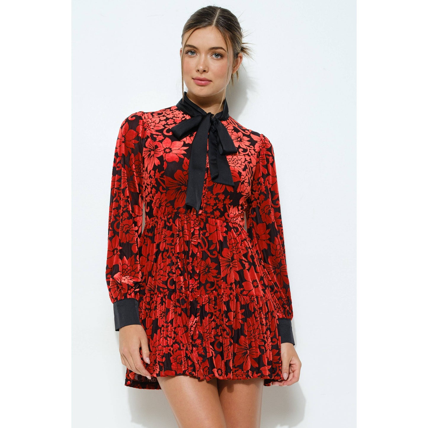 INA - Velvet Flower Burnout Satin Tie Mini Dress