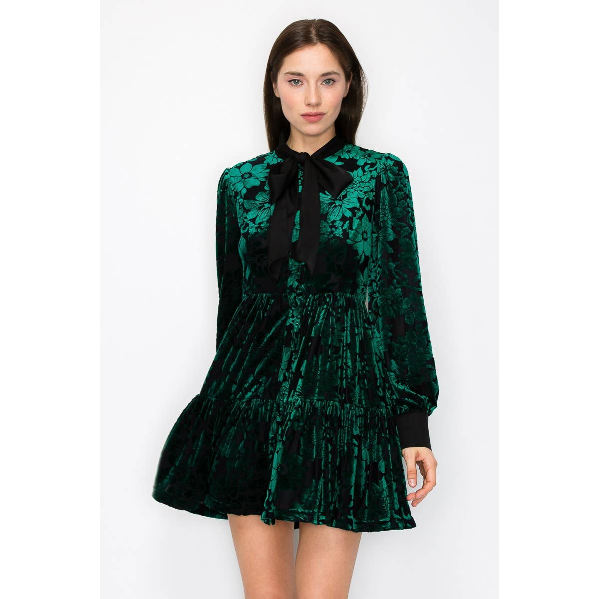 INA - Velvet Flower Burnout Satin Tie Mini Dress