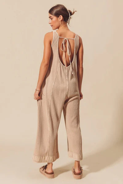 So Me Thermal Waffle Wide Leg Tan Overalls