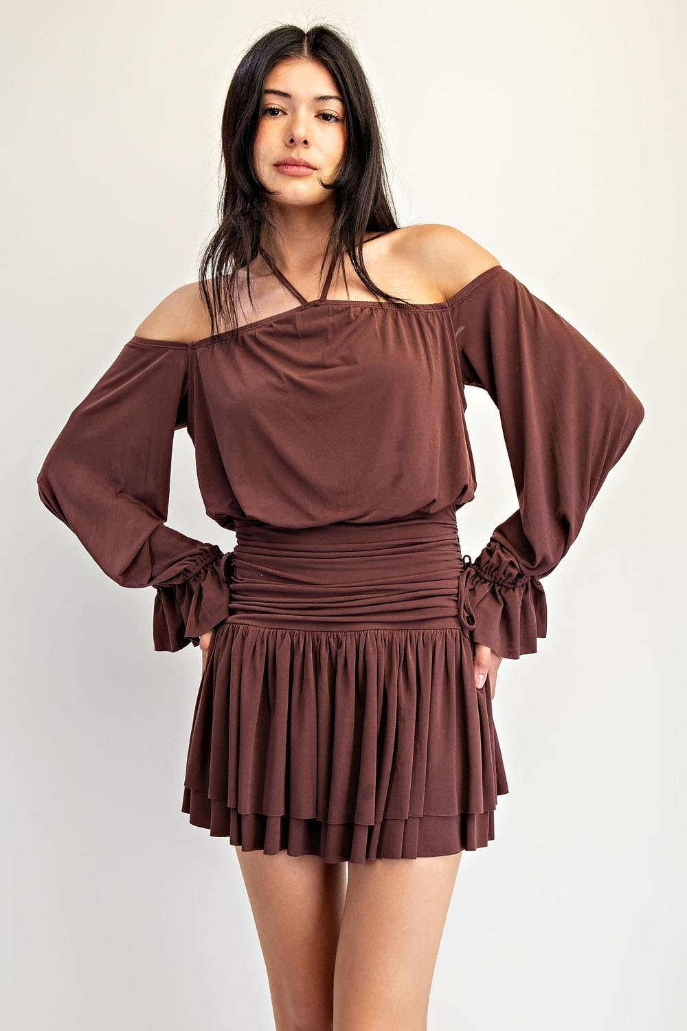Edit by Nine - Off the Shoulder and Halter Neck Knit Ruffled Mini Dress