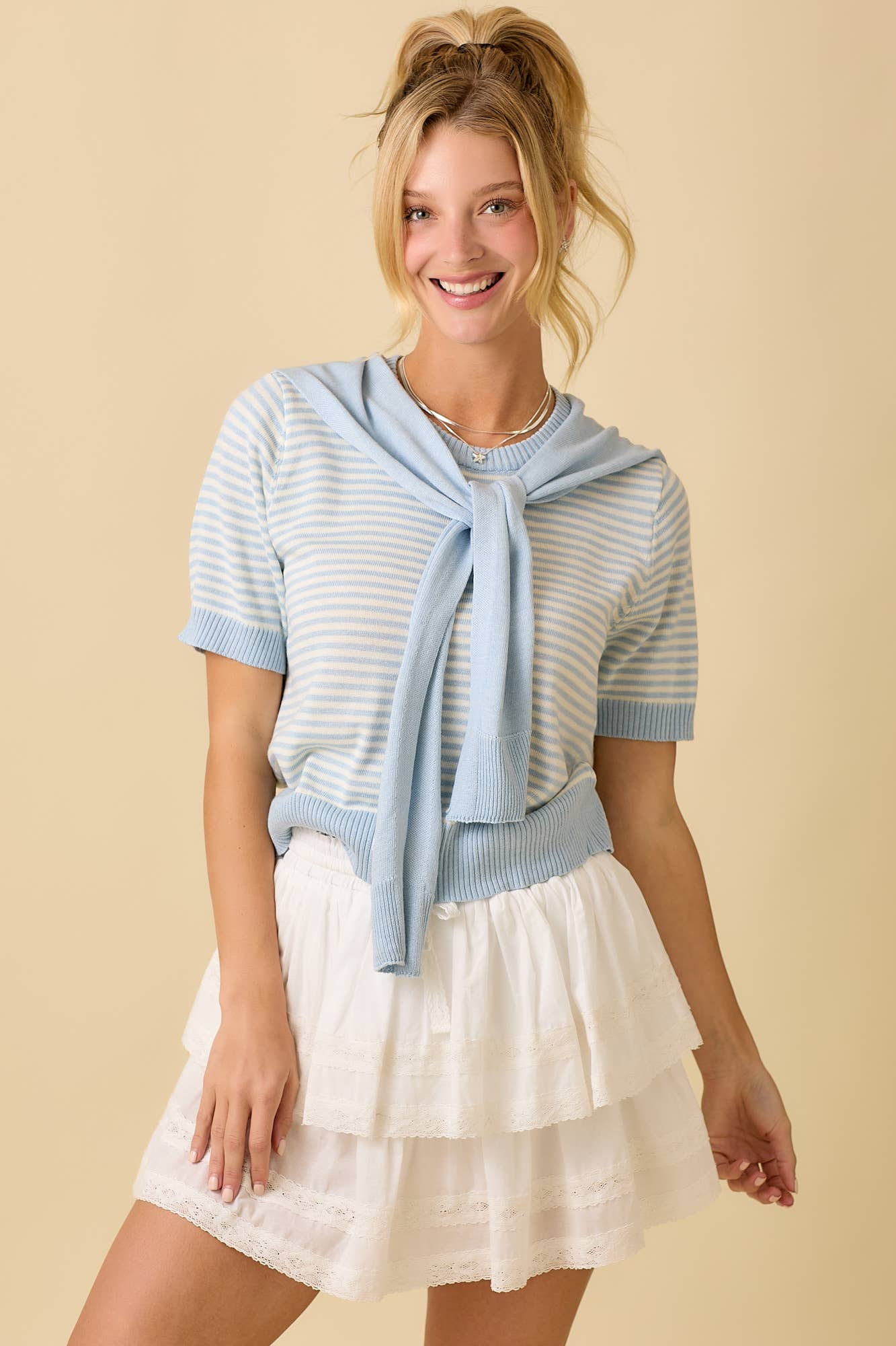 Main Strip - Sweater Shawl Wrap Set With Stripe Knit Top