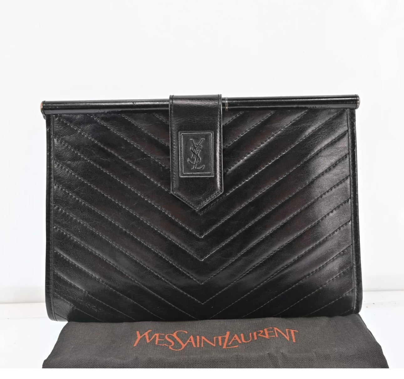 Yves Saint Laurent YSL Black Chevron Leather Clutch Bag