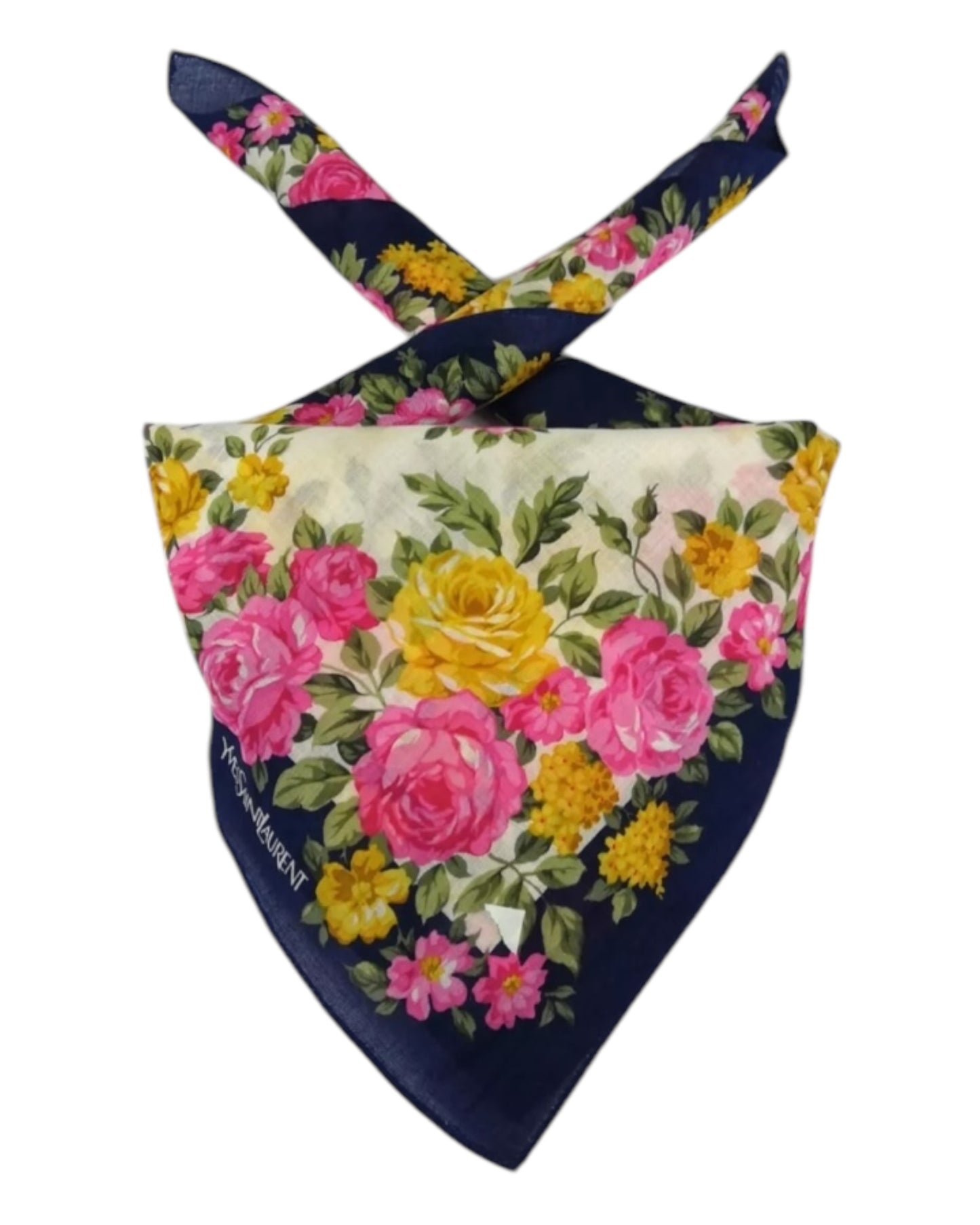 Vintage Yves Saint Laurent Floral Bandana Scarf – 19x19” Silk Handkerchief Navy Pink Yellow