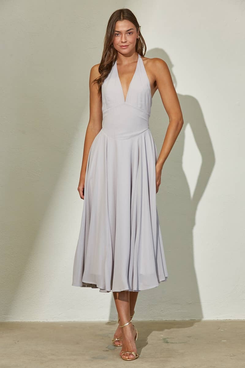 Plunge Neckline Halter Flare Chiffon Midi Dress