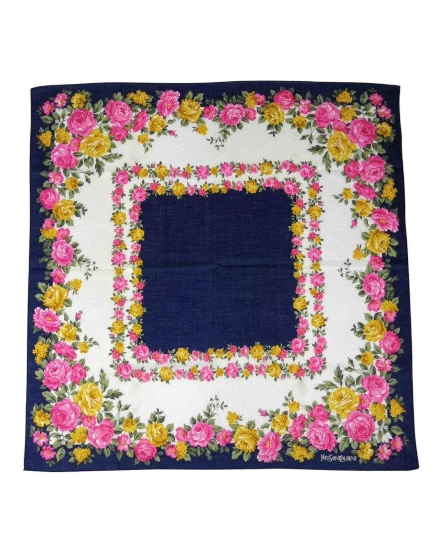Vintage Yves Saint Laurent Floral Bandana Scarf – 19x19” Silk Handkerchief Navy Pink Yellow