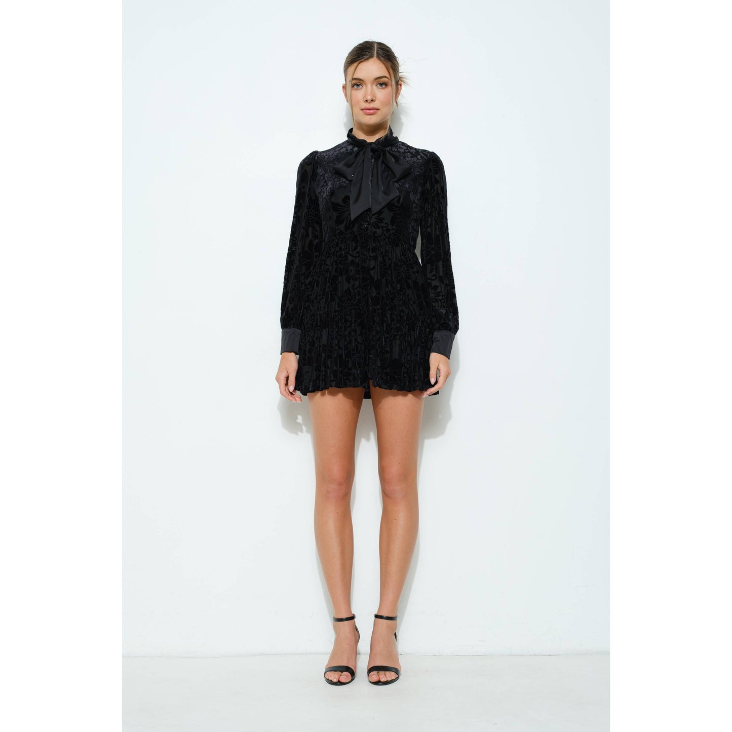 INA - Velvet Flower Burnout Satin Tie Mini Dress