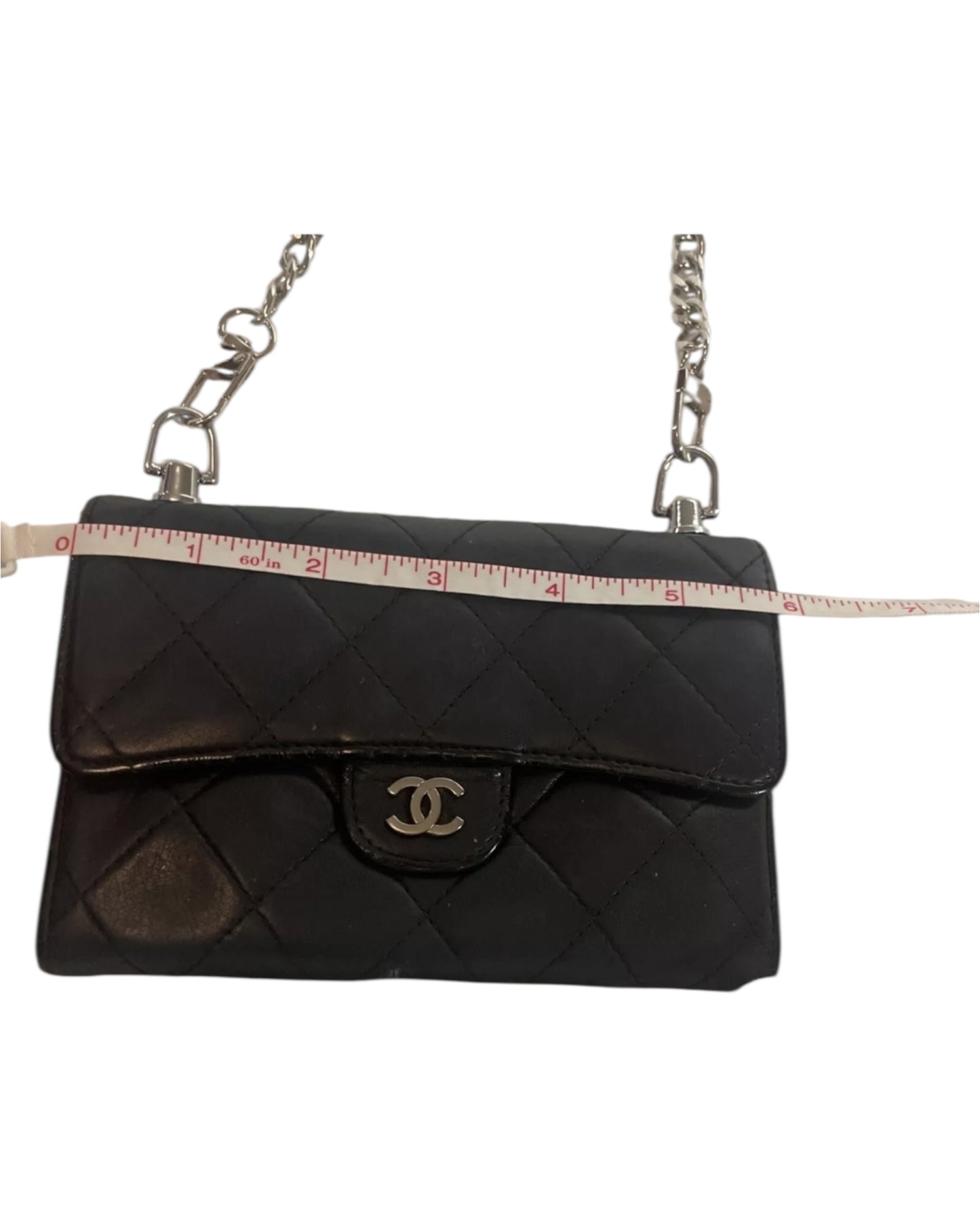 Authentic Chanel Quilted Leather Wallet on Chain – Black / Silver (Non-Chanel Chain)