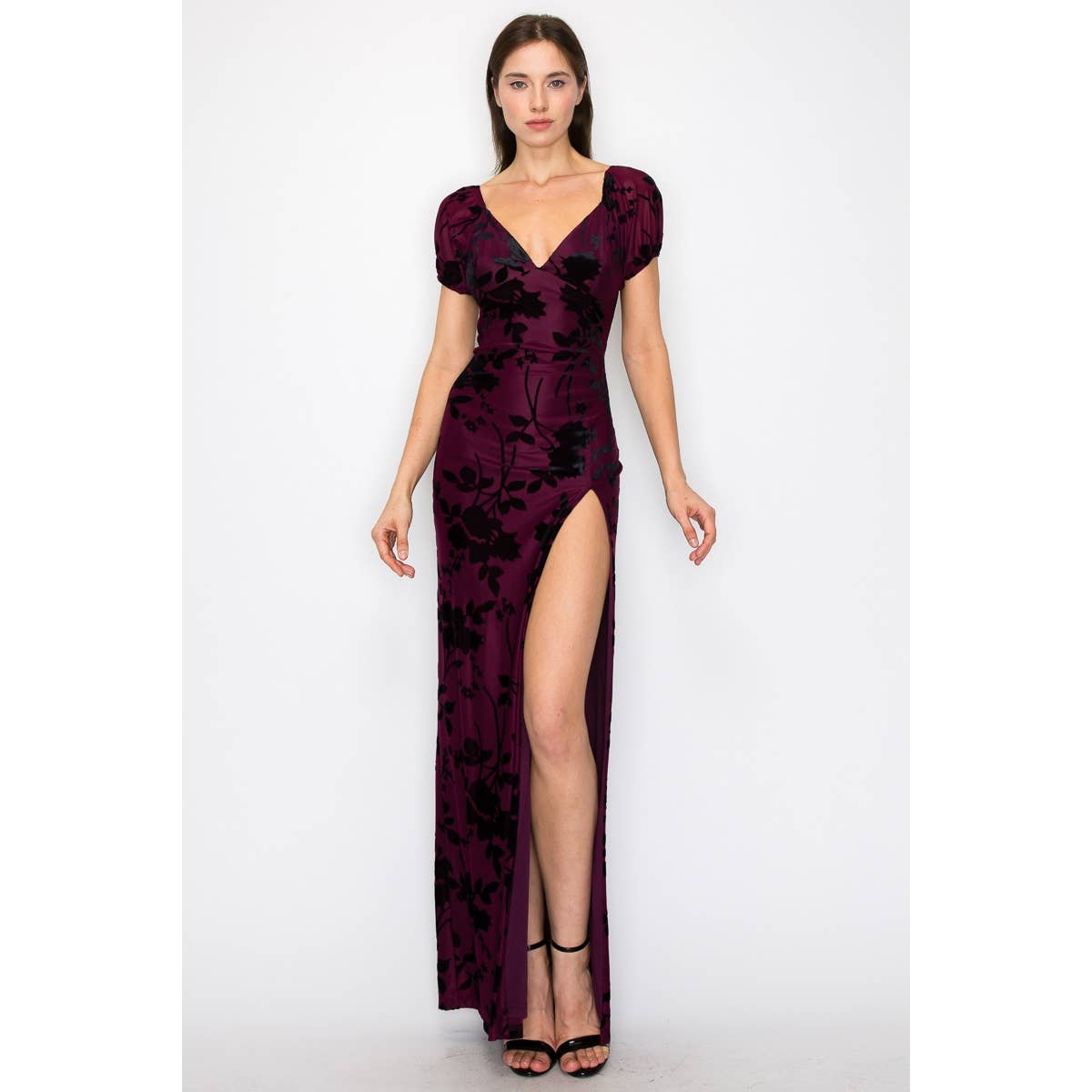 INA - Burn out velvet floral print high slit maxi dress