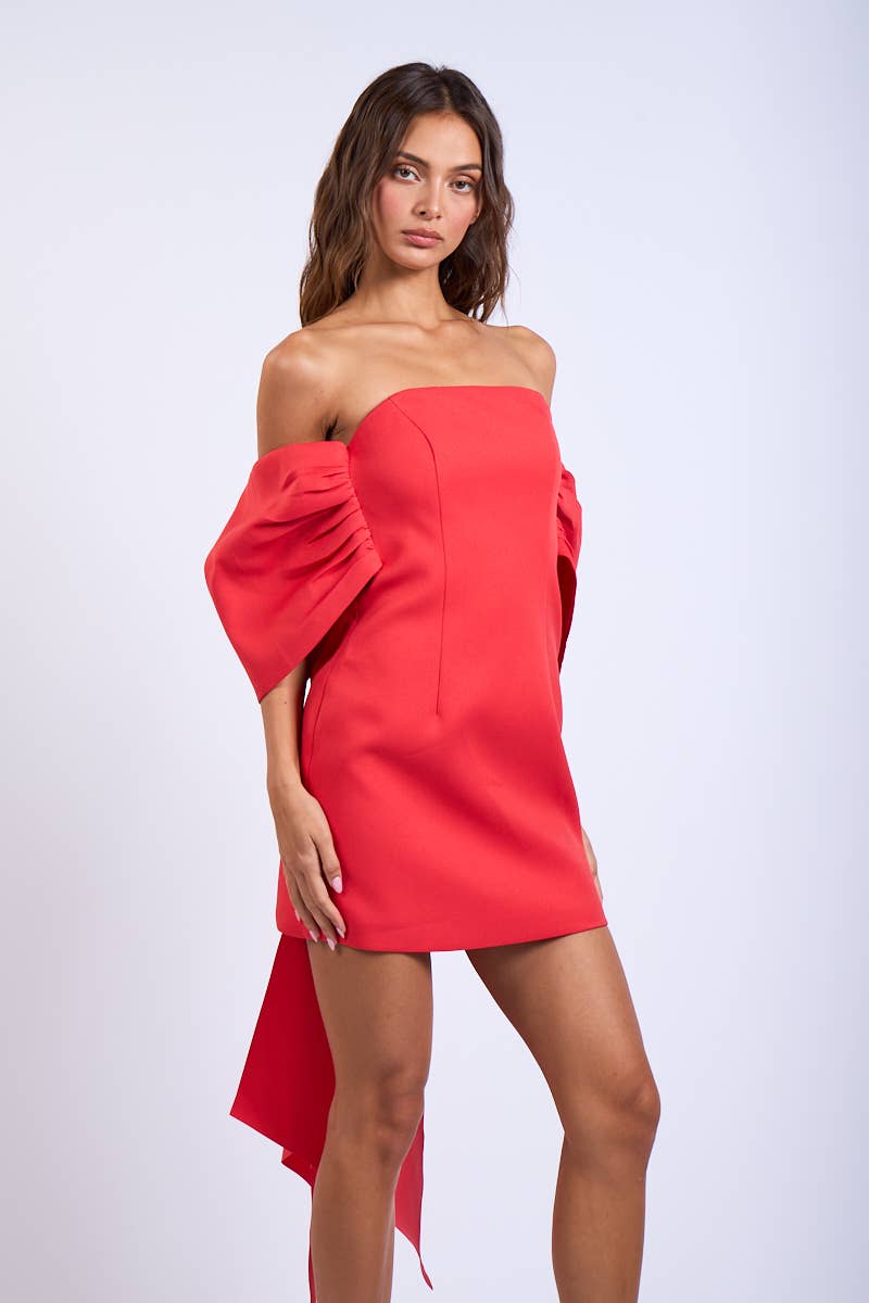 OFF-SHOULDER BACK CHARMING RIBBON POINT MINI DRESS