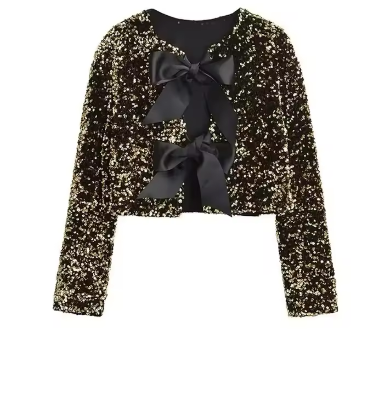 Sequin-Embellished Bow-Tie Statement Top”