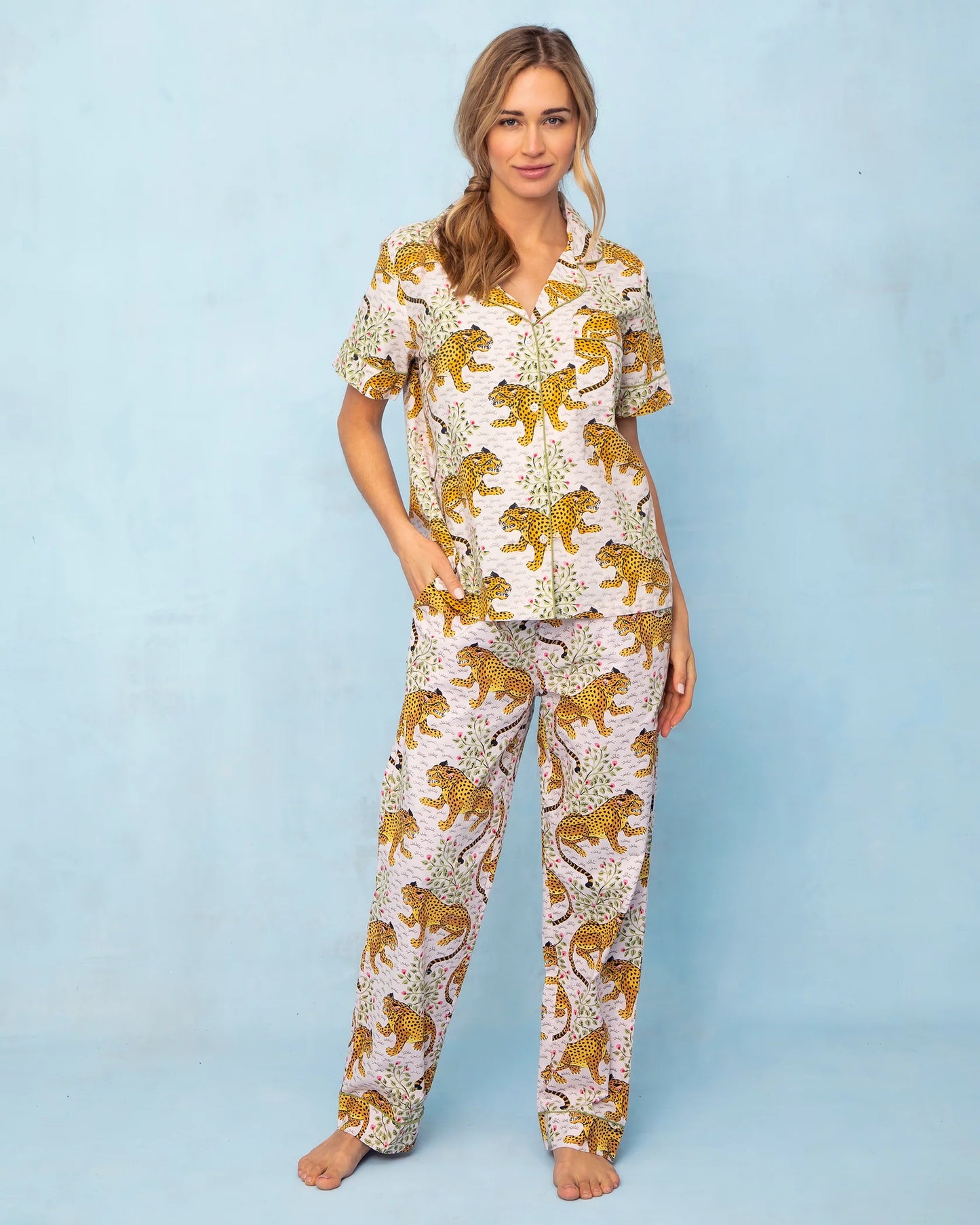 Print Fresh Short Sleeve Top & Long Pants PJ Set in Bagheera