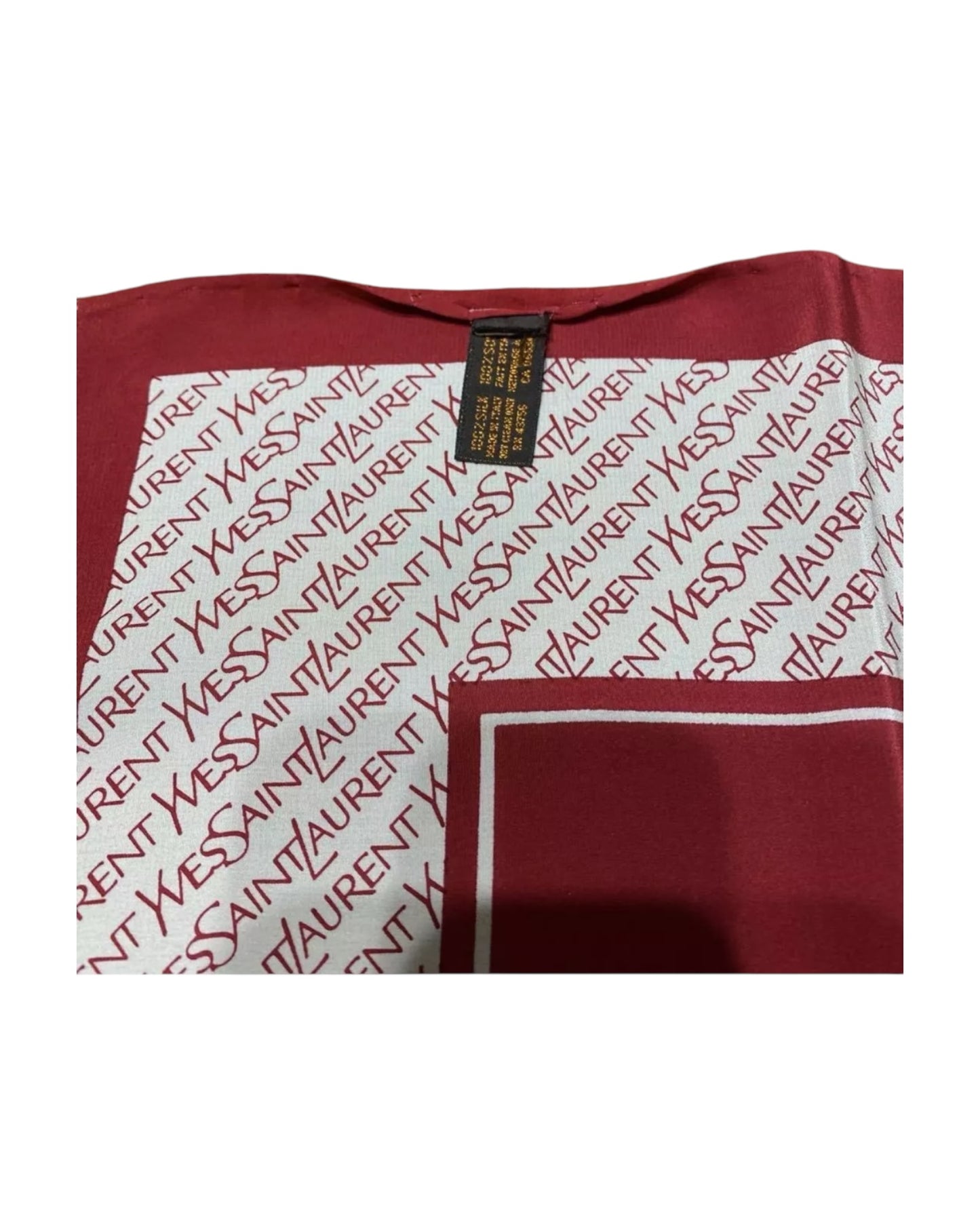 Vintage Yves Saint Laurent Logo Silk Scarf – Deep Red Monogram Border – 26” Square