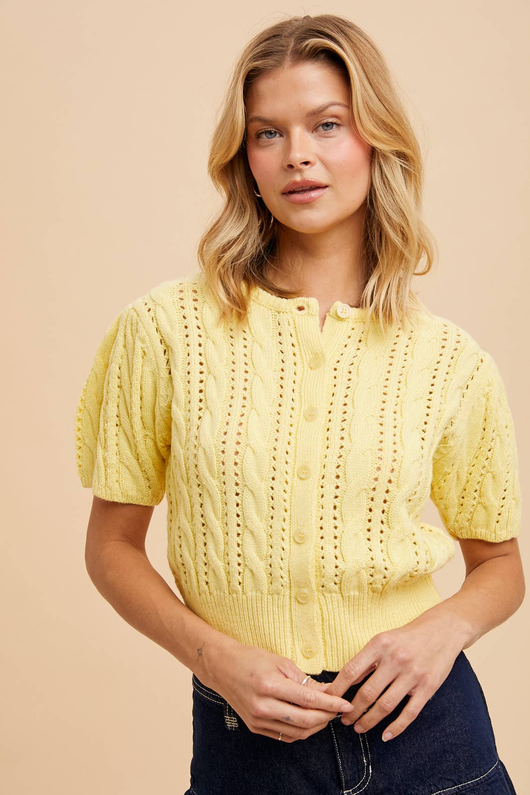 CABLE KNIT PUFF SLEEVE CARDIGAN