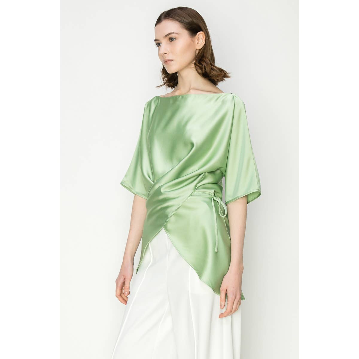 Satin Short Sleeve Side WrapTie Blouse
