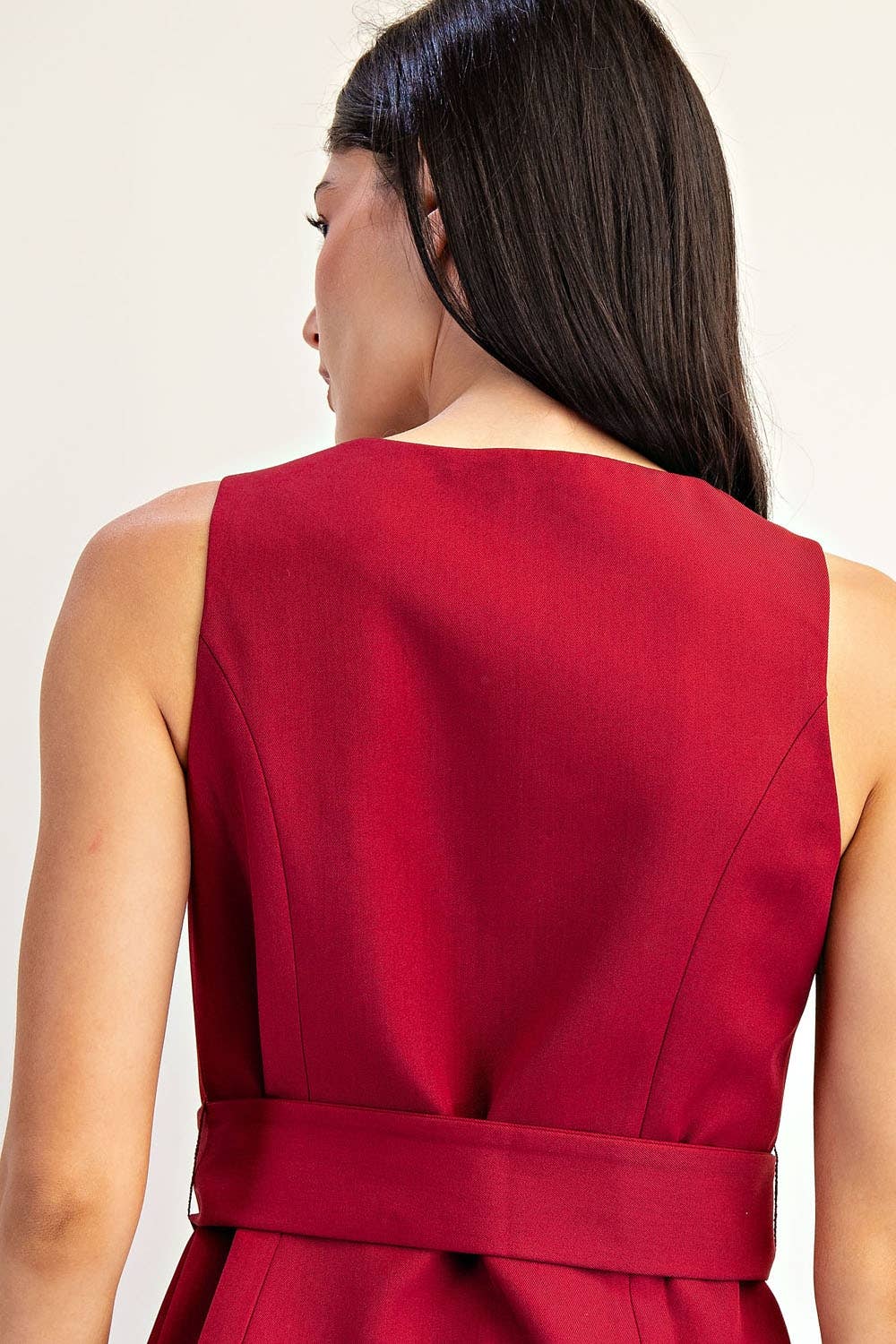 Sleeveless Belted Button Detail Woven Vest